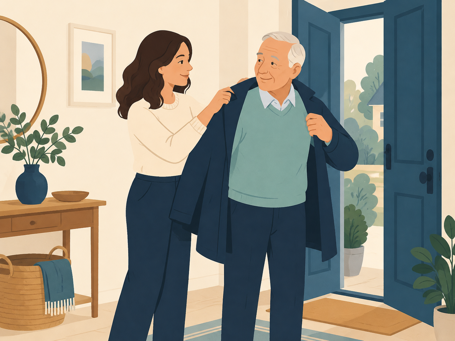 Illustration of a daughter helping her father with his coat
